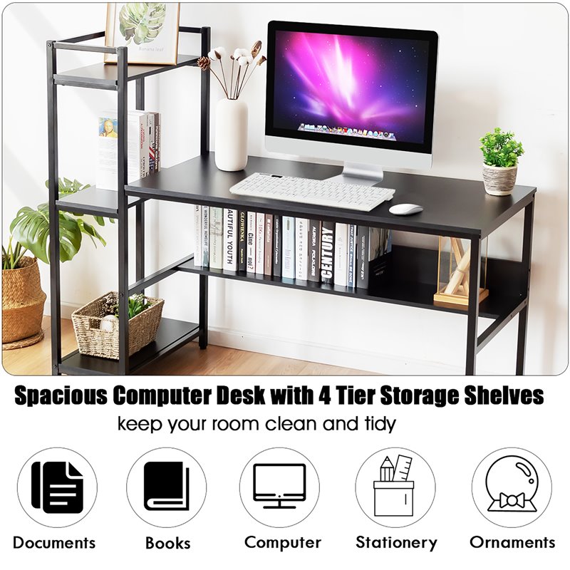 Costway Wood Multifunctional Computer Desk with 4-tier Storage shelves in Black