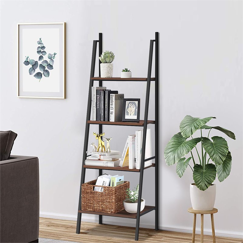 Costway 4-tier Particle Board and Steel Bookcase with Metal Frame in Brown