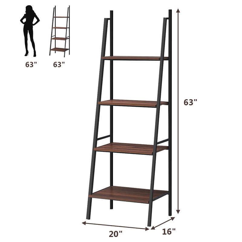 Costway 4-tier Particle Board and Steel Bookcase with Metal Frame in Brown