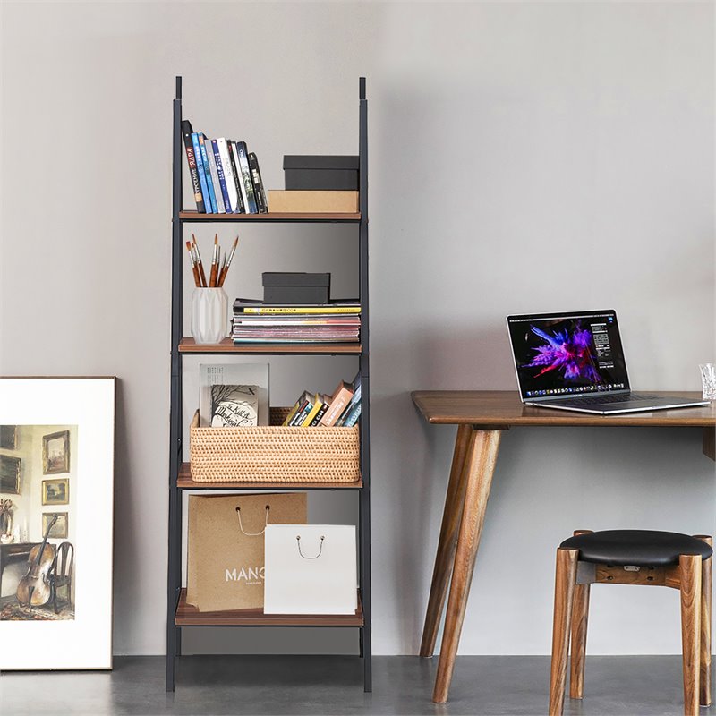 Costway 4-tier Particle Board and Steel Bookcase with Metal Frame in Brown