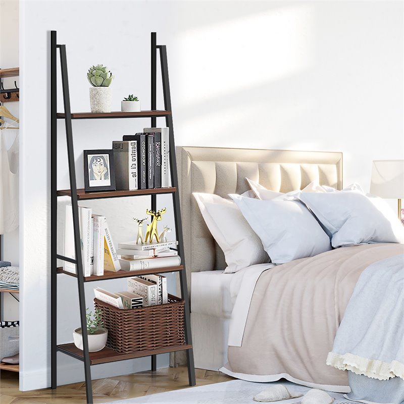 Costway 4-tier Particle Board and Steel Bookcase with Metal Frame in Brown
