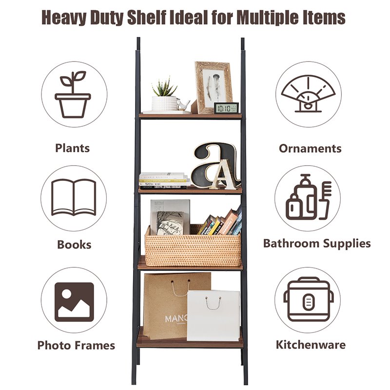 Costway 4-tier Particle Board and Steel Bookcase with Metal Frame in Brown