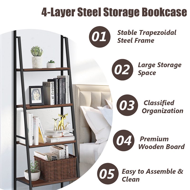 Costway 4-tier Particle Board and Steel Bookcase with Metal Frame in Brown