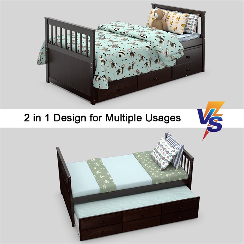 Costway Pine Wood Twin Captain's Bunk Bed with Trundle & Drawers in Espresso