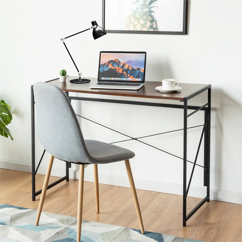 Costway Engineered Wood Folding Computer Desk with 6 Hooks in Brown