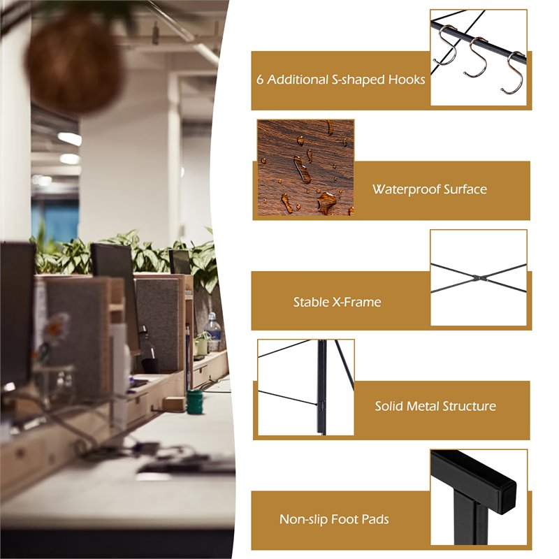 Costway Engineered Wood Folding Computer Desk with 6 Hooks in Brown