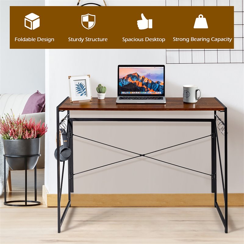 Costway Engineered Wood Folding Computer Desk with 6 Hooks in Brown