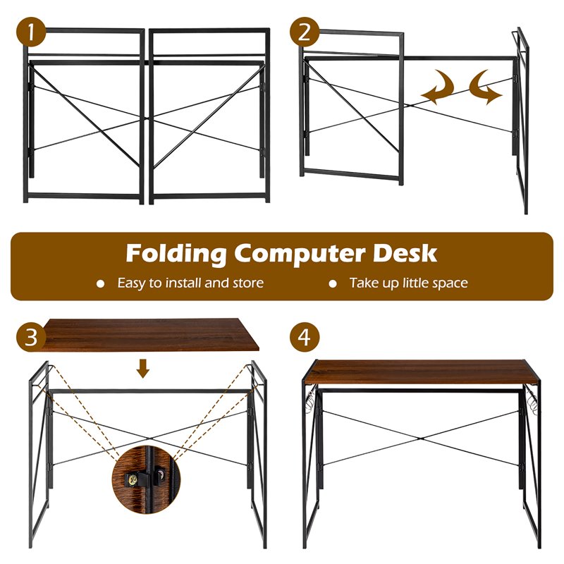 Costway Engineered Wood Folding Computer Desk with 6 Hooks in Brown