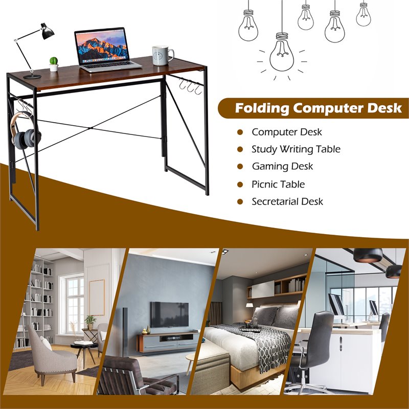 Costway Engineered Wood Folding Computer Desk with 6 Hooks in Brown
