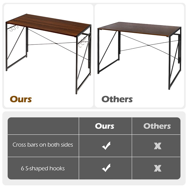 Costway Engineered Wood Folding Computer Desk with 6 Hooks in Brown