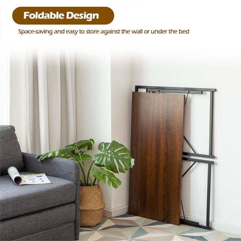 Costway Engineered Wood Folding Computer Desk with 6 Hooks in Brown
