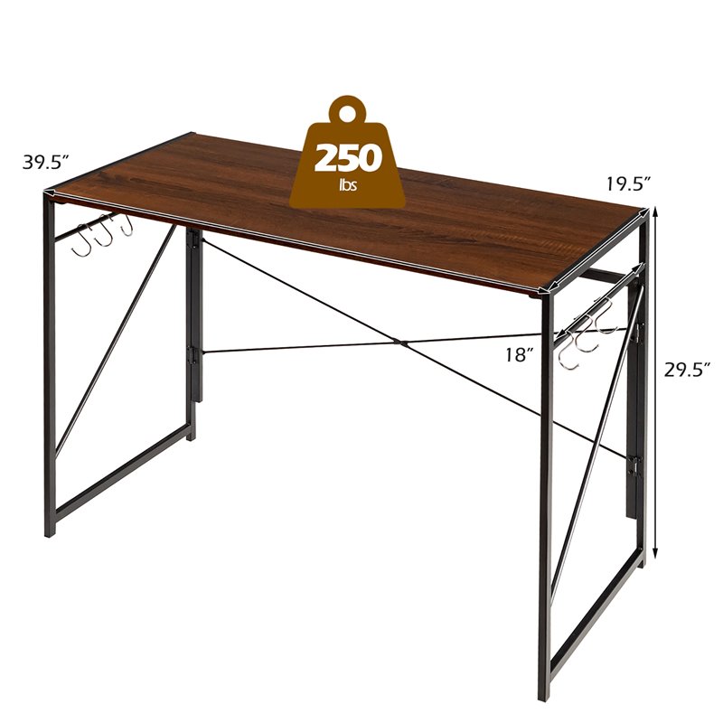 Costway Engineered Wood Folding Computer Desk with 6 Hooks in Brown
