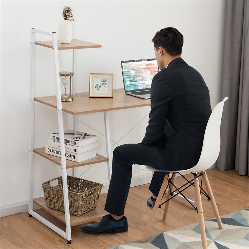 Costway Contemporary Engineered Wood Computer Desk with Shelves in Natural