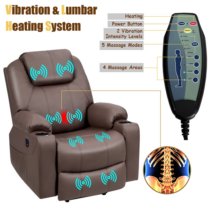 Costway Faux Leather Electric Recliner Chair with USB Charge Port in Brown