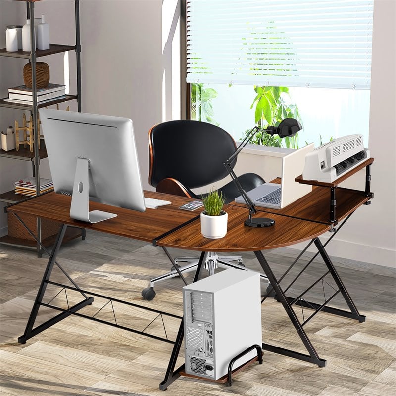 Costway 58''x44'' L-Shaped Computer Gaming Desk with Monitor Stand in Walnut