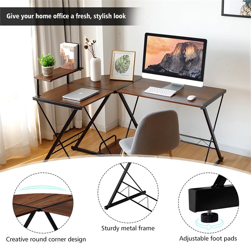 Costway 58''x44'' L-Shaped Computer Gaming Desk with Monitor Stand in Walnut