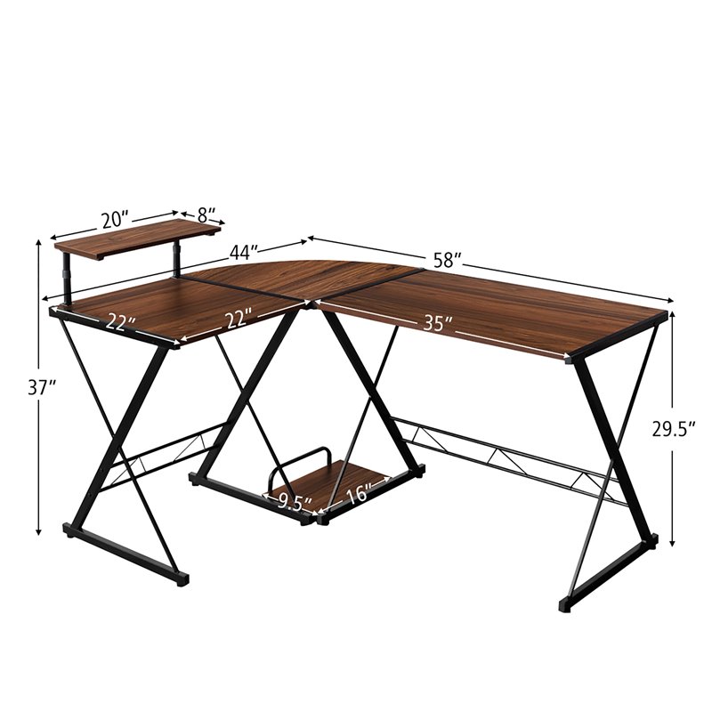 Costway 58''x44'' L-Shaped Computer Gaming Desk with Monitor Stand in Walnut