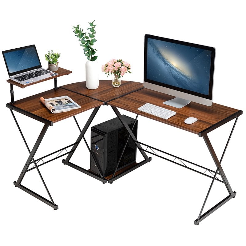 Costway 58''x44'' L-Shaped Computer Gaming Desk with Monitor Stand in Walnut