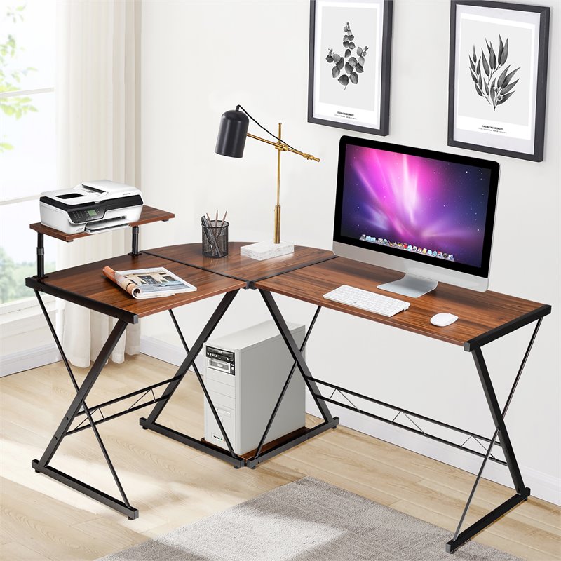 Costway 58''x44'' L-Shaped Computer Gaming Desk with Monitor Stand in Walnut