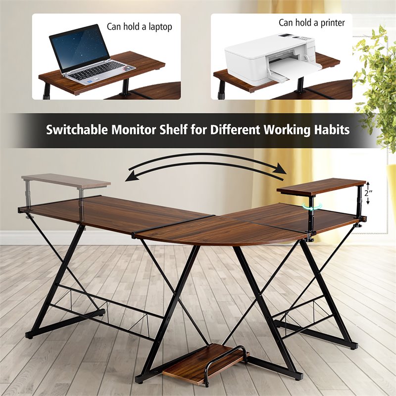 Costway 58''x44'' L-Shaped Computer Gaming Desk with Monitor Stand in Walnut