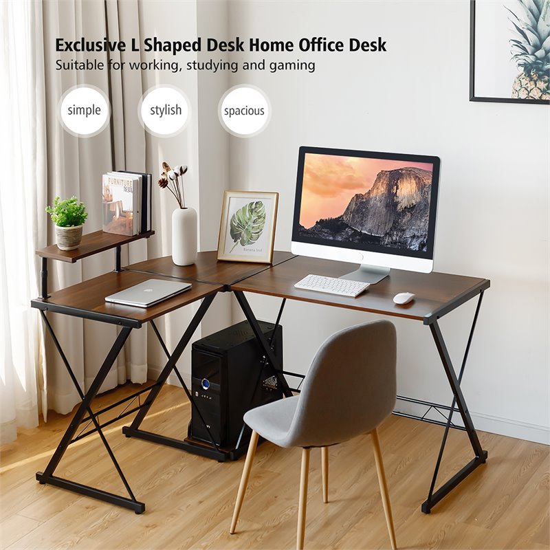 Costway 58''x44'' L-Shaped Computer Gaming Desk with Monitor Stand in Walnut