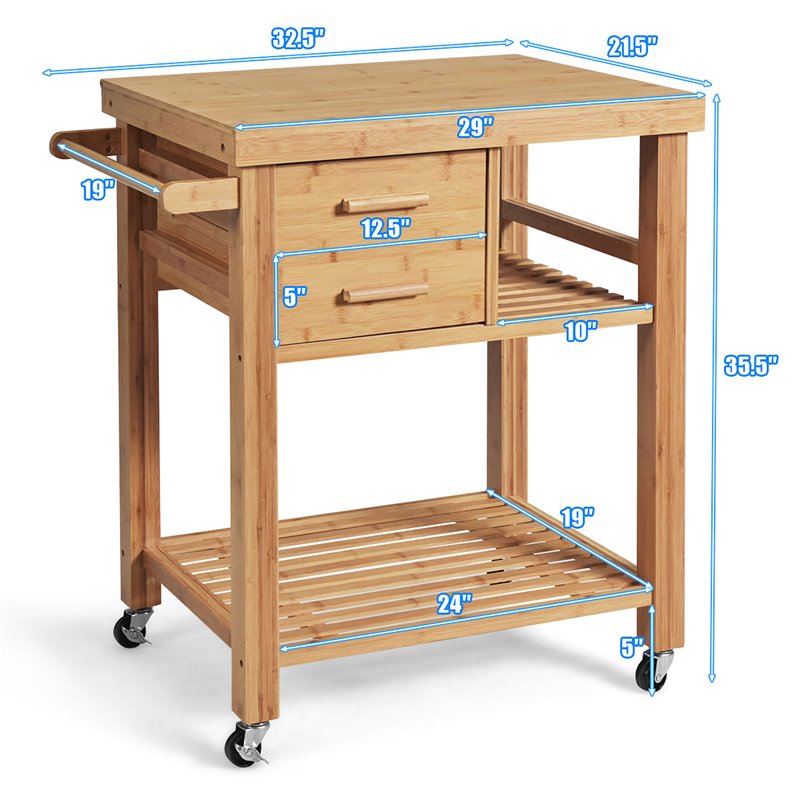 Costway Bamboo Kitchen Trolley Cart with Tower Rack & Drawers in Natural