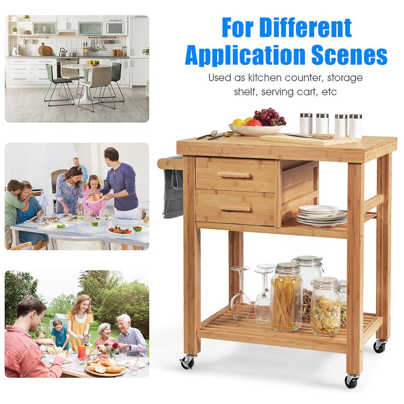 Costway Bamboo Kitchen Trolley Cart with Tower Rack & Drawers in Natural