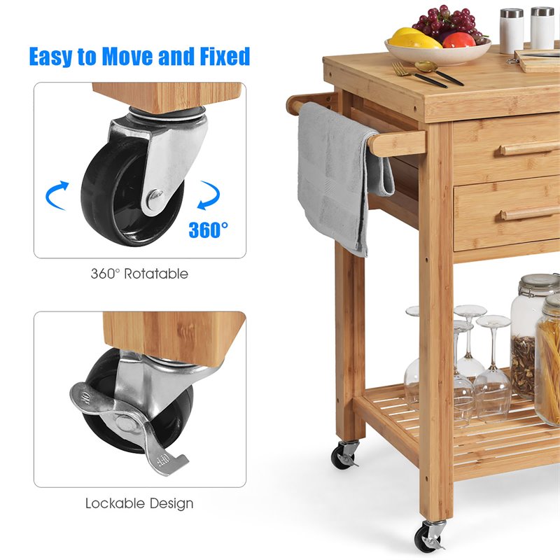 Costway Bamboo Kitchen Trolley Cart with Tower Rack & Drawers in Natural