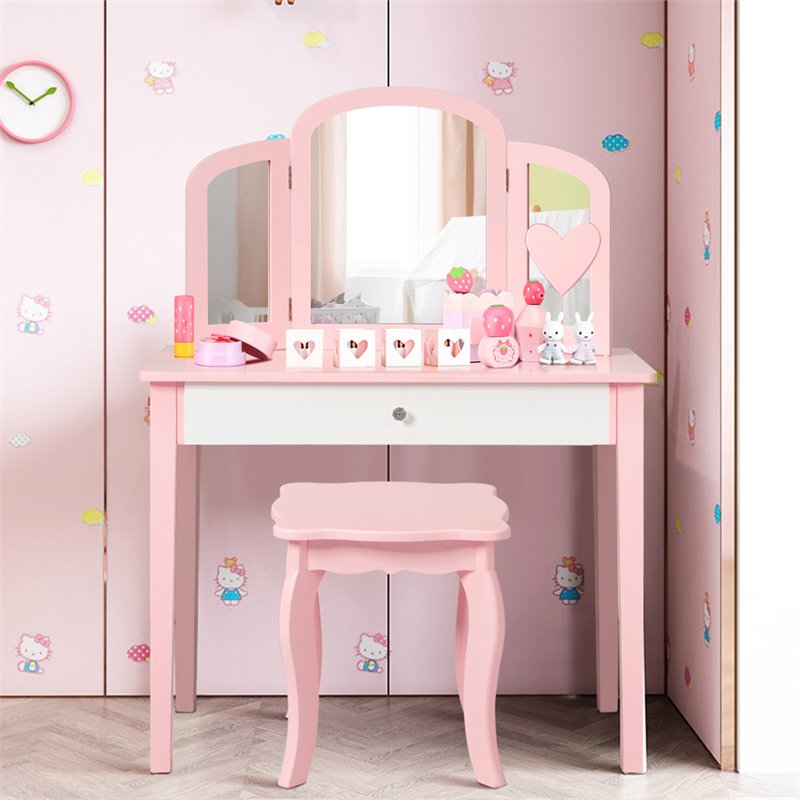 Costway Contemporary MDF & Pine Wood Kids Vanity Set with Mirror in Pink