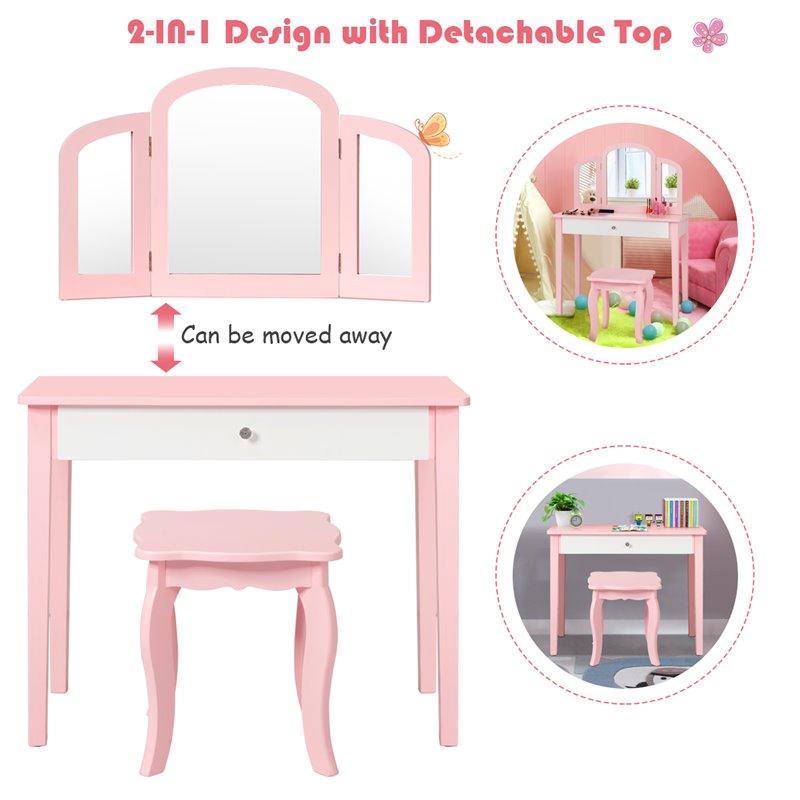 Costway Contemporary MDF & Pine Wood Kids Vanity Set with Mirror in Pink