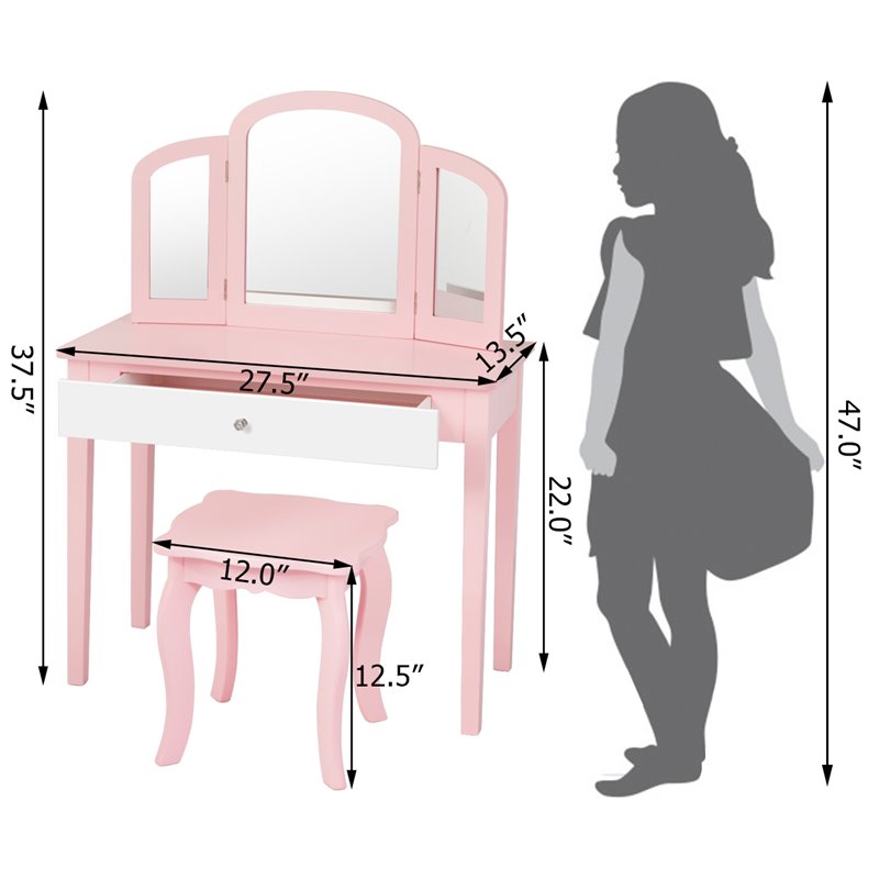Costway Contemporary MDF & Pine Wood Kids Vanity Set with Mirror in Pink