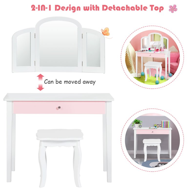 Costway Contemporary MDF & Pine Wood Kids Vanity Set with Mirror in White