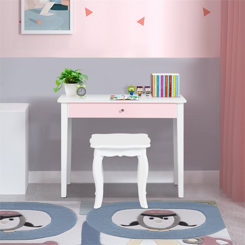 Costway Contemporary MDF & Pine Wood Kids Vanity Set with Mirror in White