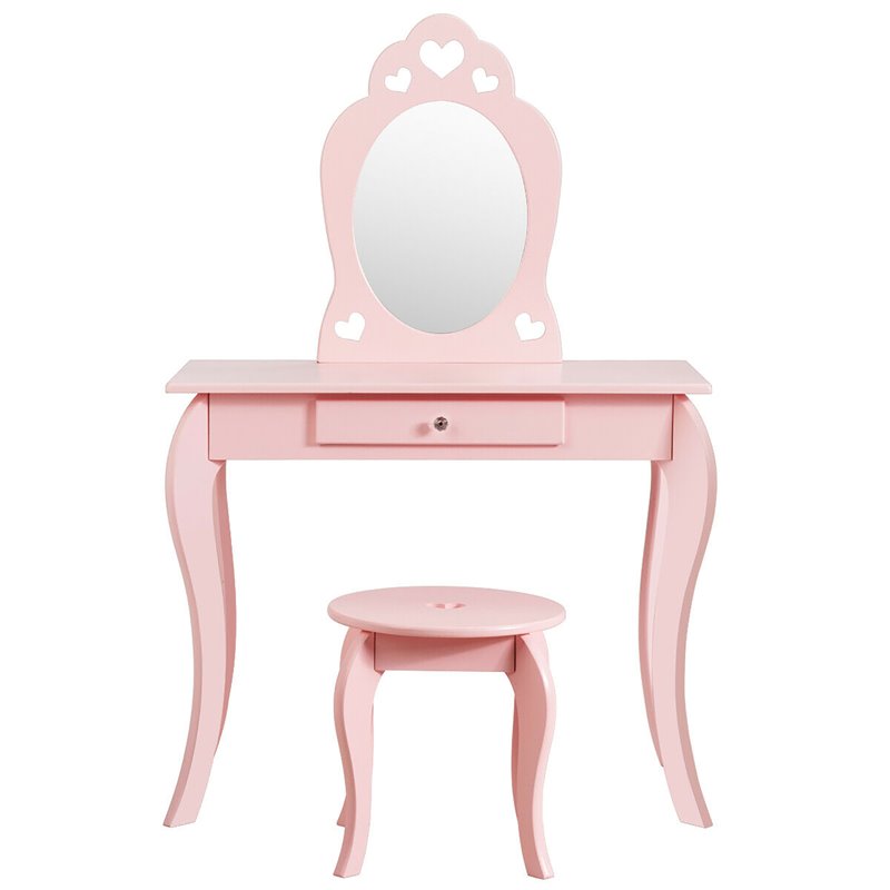 Costway Contemporary MDF & Pine Wood Kids 2-in-1 Vanity Set with Mirror in Pink