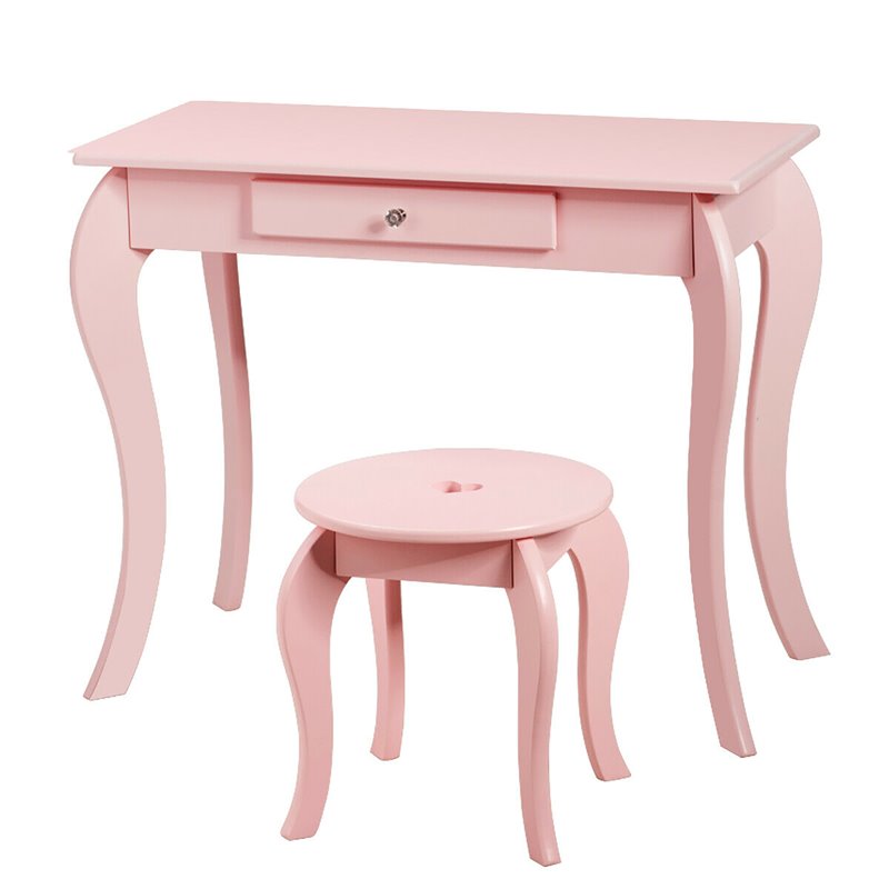 Costway Contemporary MDF & Pine Wood Kids 2-in-1 Vanity Set with Mirror in Pink