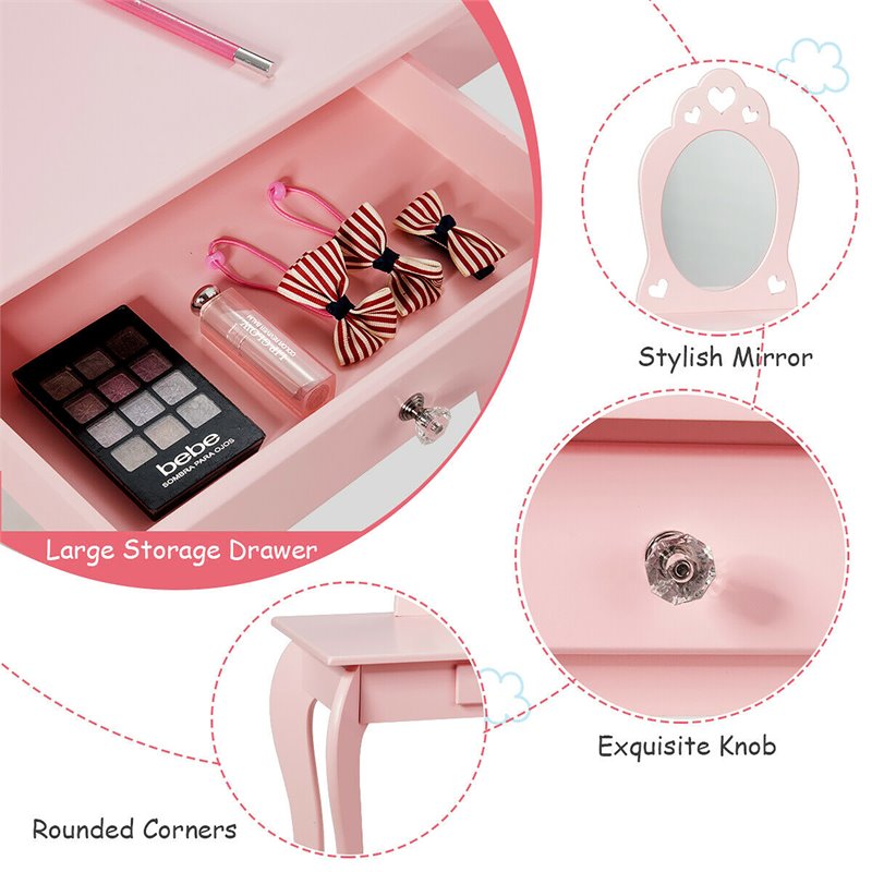 Costway Contemporary MDF & Pine Wood Kids 2-in-1 Vanity Set with Mirror in Pink