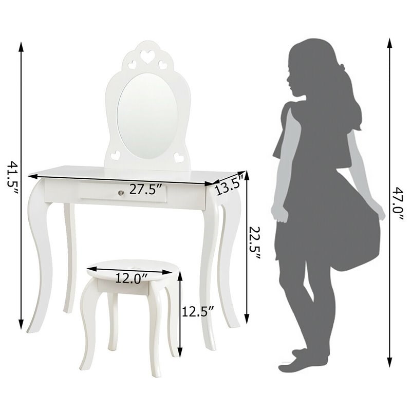 Costway Contemporary MDF & Pine Wood Kids 2-in-1 Vanity Set with Mirror in White