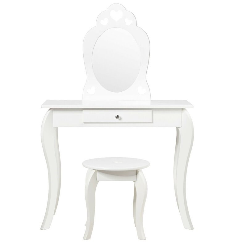 Costway Contemporary MDF & Pine Wood Kids 2-in-1 Vanity Set with Mirror in White