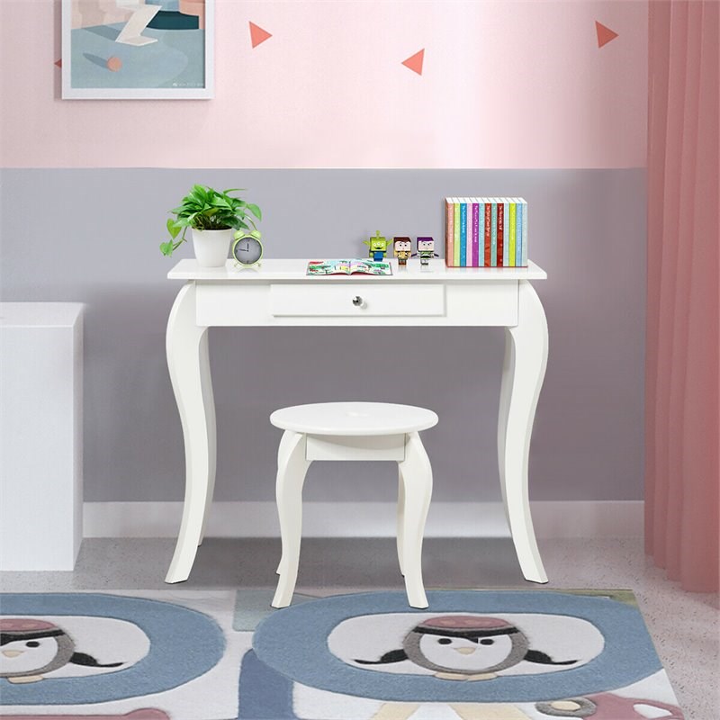 Costway Contemporary MDF & Pine Wood Kids 2-in-1 Vanity Set with Mirror in White