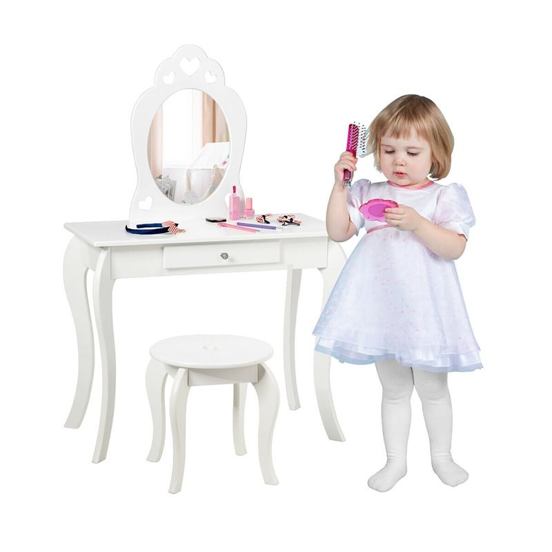 Costway Contemporary MDF & Pine Wood Kids 2-in-1 Vanity Set with Mirror in White