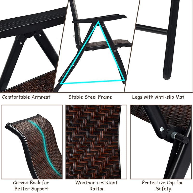 Costway Steel and Rattan Patio Folding Chairs with Armrest in Brown (Set of 2)