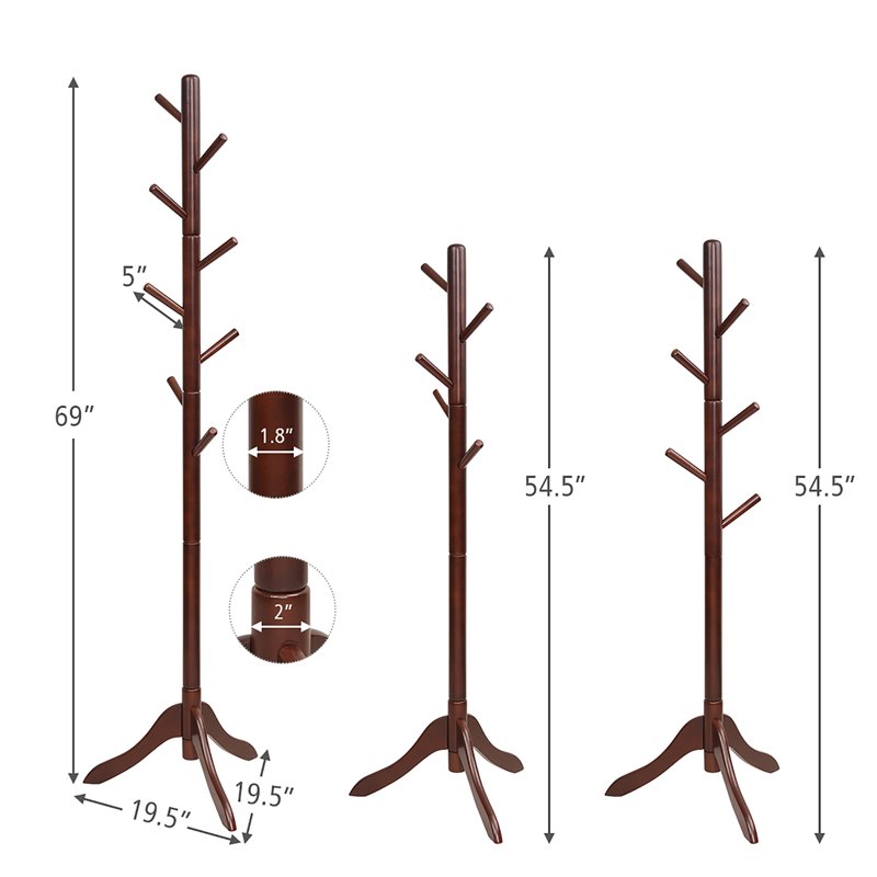 Costway Rubber Wood Adjustable Height Coat Rack with 8 Hooks in Brown