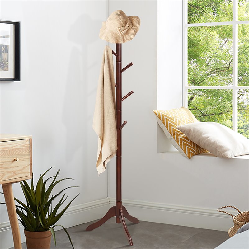 Costway Rubber Wood Adjustable Height Coat Rack with 8 Hooks in Brown