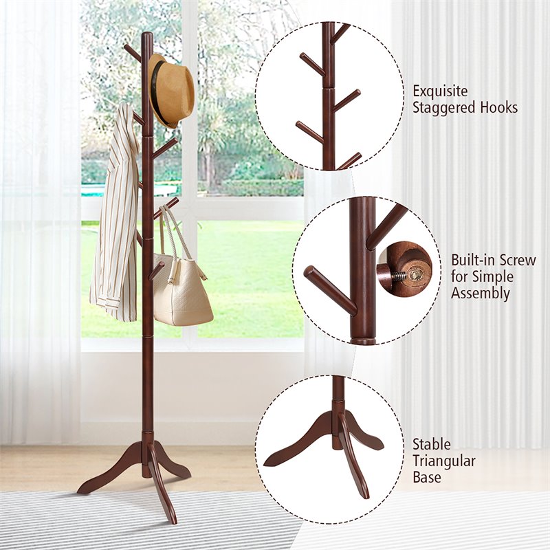 Costway Rubber Wood Adjustable Height Coat Rack with 8 Hooks in Brown
