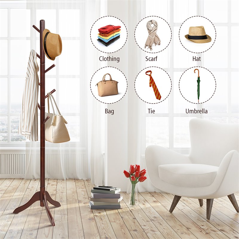 Costway Rubber Wood Adjustable Height Coat Rack with 8 Hooks in Brown