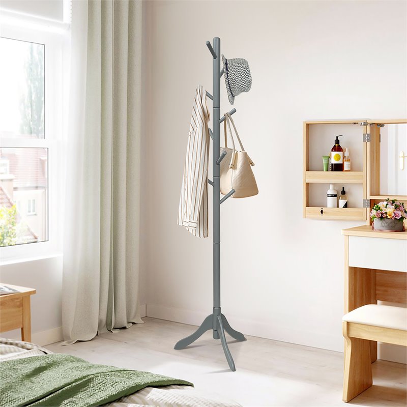 Costway Rubber Wood Adjustable Height Coat Rack with 8 Hooks in Gray
