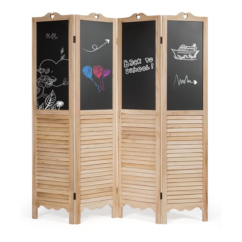 Costway 4-Panel Wood Folding Divider Screen with Chalkboard in Natural