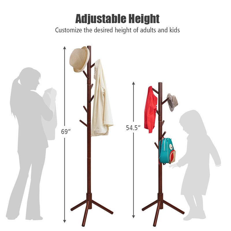Costway Rubber Wood Two Heights Coat Rack with 8 Hooks in Walnut