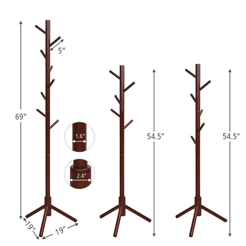 Costway Rubber Wood Two Heights Coat Rack with 8 Hooks in Walnut