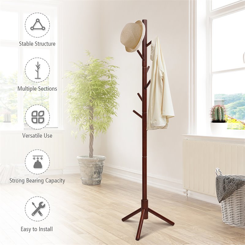 Costway Rubber Wood Two Heights Coat Rack with 8 Hooks in Walnut